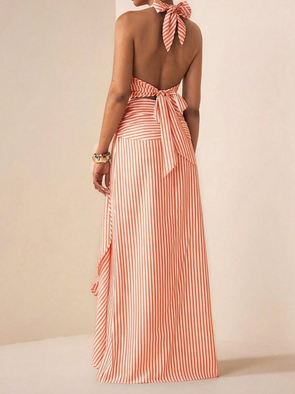 Orange Sexy Women's Striped Maxi Dress with Halter Neck and Waist Tie - Picture 2 of 7